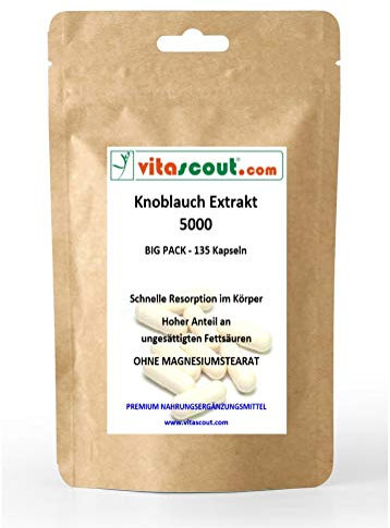 Knoblauch 135 Kapseln je 5000mg (=Extrakt 50mg 100:1) HOCHDOSIERT / Garlic - OHNE MAGNESIUMSTEARAT - PREMIUMQUALITÄT von VITASCOUT®