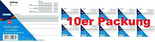 10 Quittungsblöcke selbstdurchschreibend, DIN A 6 quer, 2 x 40 Blatt (je 1 Original und 1 Kopie). Stabiler Einband.