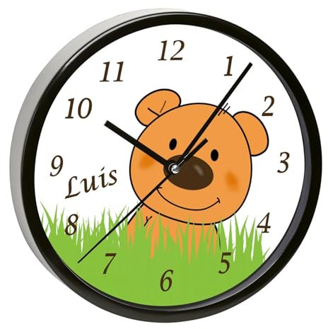 CreaDesign, Wanduhr für Kinderzimmer Teddy Bär-Graß, Kinderuhr schwarz mit Quarz Uhrwerk, personalisiert mit Name, Durchmesser 19,5 cm