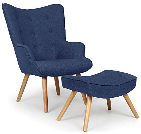 Menzzo Fauteuil Scandinave Bleu avec Pouf Repose Pied Salon | Revêtement Tissu | Pieds en Bois | Assise Moelleuse et Confortable | Modèle Lylou | L64 x P48 x H100 cm | Hauteur Assise 42 cm qh8901blue168024 108