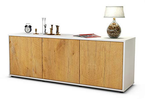 Stil.Zeit TV Schrank Lowboard Allegra, Korpus Weiss matt, Front Holz Design Eiche (135x49x35cm), Push to Open Technik