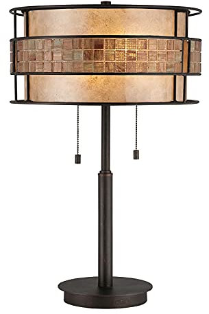Licht-Erlebnisse Design Tischleuchte LARA rund edel in Kupfer Creme 63,5cm Metall Mica Glas Fließen Nachttisch Lampe
