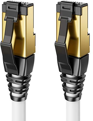 deleyCON 7,5m Cable LAN CAT8.1 Cable de Conexión Cable de Red - RJ45 Cable LAN DSL Cobre S/FTP Blindaje 2000 MHz 40 Gbit - Cable Ethernet CAT.8 Conector RJ45 Chapado en Oro - Blanco