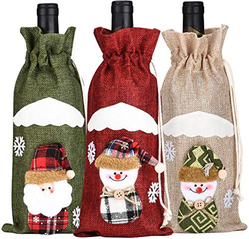 SoulQ ool Lot de 3 housses pour bouteille de vin de Noël, sac à poudre, Père Noël, bonhomme de neige, vaisselle pour décoration de fête du Nouvel An