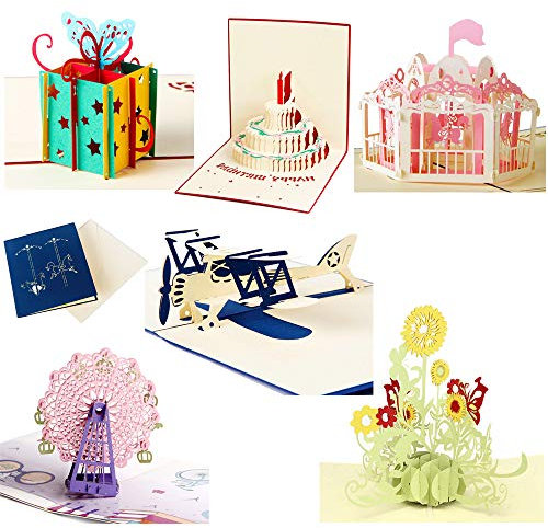 6 Stück 3D-Pop-Up-Karten, Geburtstags, Gruß, Blumen, Lehrertags, Riesenrad, Karussell, Flugzeug, Lasergeschnittene Geschenkkarte mit Umschlägen für alle Anlässe