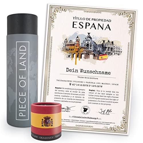 happylandgifts® Premium | Echtes Spanien Grundstück als einzigartiges Geschenk für Espagna Fans | Personalisierte Besitzurkunde in Farbe mit Wunschname und persönlicher Widmung