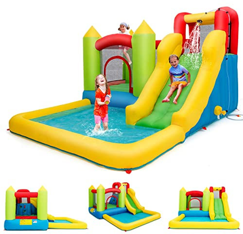 RELAX4LIFE Castello Gonfiabile d’Acqua per Bambini, 350.5 x 190.5 x 280.5 CM, Piscina Gonfiabile con Scivolo e Salita da Arrampicata, Centro di Gioco Gonfiabile per Esterno