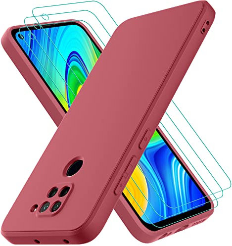 Oureidoo Hülle kompatibel mit Xiaomi Redmi Note 9, mit 3 Stück Panzerglas Schutzfolie, Handyhülle für Xiaomi Redmi Note 9 Silikon gummiert, Handy Case in Weinrot