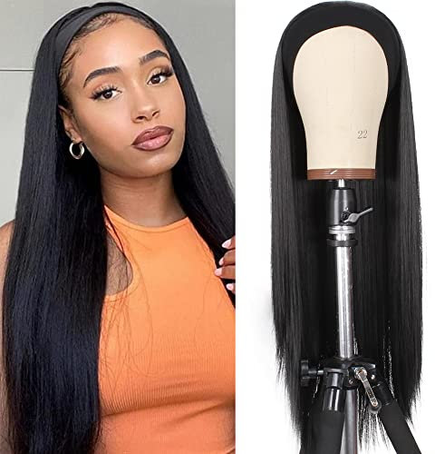 Xtrend 24 Pouces Bandeau Perruque Longue Droite Noir Aucun Lace Front Perruque Sans Colle Bandeau Perruques Aspect Naturel Perruque pour Femmes Usage Quotidien 1B#
