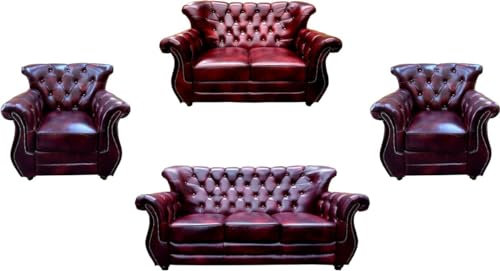 Casa Padrino Luxus Chesterfield Echtleder Wohnzimmer Set Bordeauxrot/Braun/Silber - 2 Leder Sofas & 2 Leder Sessel - Chesterfield Möbel - Wohnzimmer Möbel