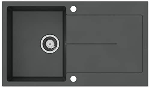 Fregadero de encastre Atlanta D-100 Gris Oscuro Metálico (para Anchos de mueble a partir de 450 mm) Fregadero Individual con Escurridor de Composite de cuarzo incl. Sifón con Espaciador de SOTECH