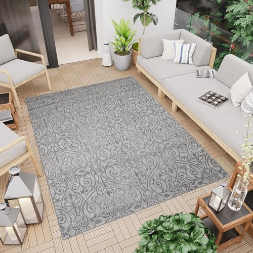 TAPISO Capri Teppich Outdoor Wohnzimmer Terrasse Küche Flachgewebe Grau Schwarz Metallgrau Vintage Floral Muster Modern Design Sisal Indoor 140 x 200 cm