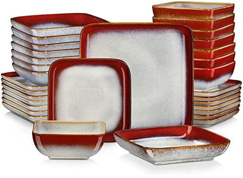 Tafelservice steinzeug, vancasso 32 teiliges STERN Kombiservice Set, quadratishes Geschirrset 4-12 Personen, Beinhaltet Müslischalen, Suppenteller, Dessertteller und Speiseteller