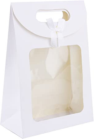 Emartbuy 12 stabile Geschenktüten aus weißem Kraftpapier mit Sichtfenster und Schleife 20 x 14 x 7 cm