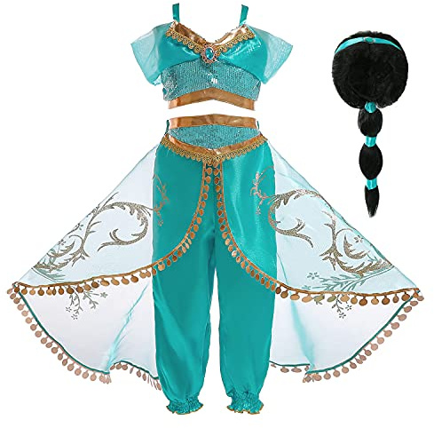 Eleasica Kinder Prinzessin Jasmin Kleid Mädchen Aladdin Kostüm Top Hose Verkleidung Geburtstagsgeschenk Weihnachten Fasching Halloween Tanzen Arabisch Cosplay,Perücke,140