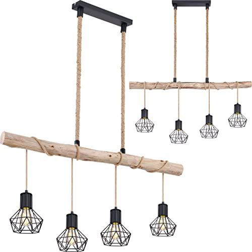 INNOVATE Pendelleuchte Holz 4 Gitterkörbe Diamant – 1m breite Hängelampe Vintage Holzbalken Rustikal – Aluminium Gitterkorb Pendellampe schwarz 4x E27 Fassung bis 60 Watt - Retro Hängeleuchte 120cm