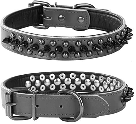 haoyueer Collar de perro con tachuelas con pinchos, collar de perro de piel auténtica, collares ajustables para mascotas para bulldog mediano y grande Pitbull Mastiff Poodle Boxer (S, negro-1)
