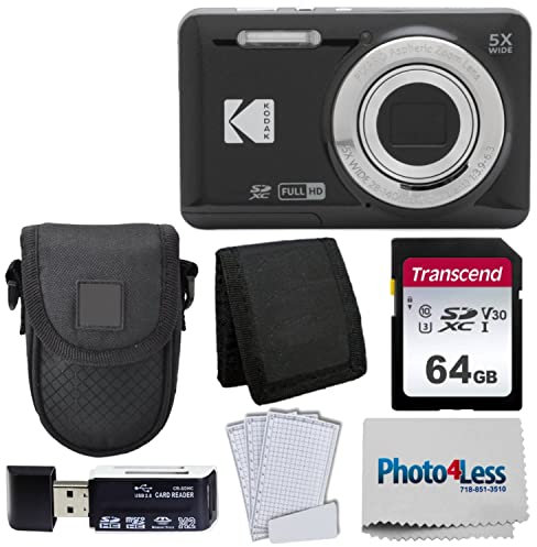 PHOTO4LESS Kodak PIXPRO FZ55 Appareil photo numérique Noir + étui pour appareil photo Point & Shoot + carte mémoire SD Transcend 64 Go + portefeuille à trois volets + lecteur de cartes SD USB haute