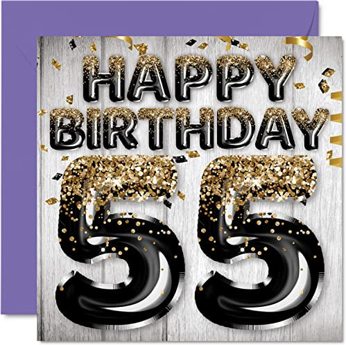 Stuff4 Geburtstagskarte zum 55. Geburtstag für Männer – schwarze und goldene Glitzerballons – Happy Karten für 55 Jahre alten Mann Papa Opa Onkel – Opa Onkel – 145 mm x 145 mm Grußkarten Geschenk