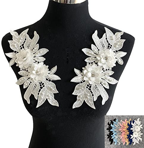 Yulakes 3D Stickerei Perlen Spitze Applikation,Gestickte Spitze Ausschnitt Blumen Strass Tüll Besatz Besetzter,Spitzenapplikation Blumenstickerei Patch für DIY Ausschnitt Hochzeit Brautkleid (White)