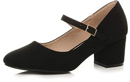 AJVANI Womens Ladies mid Block Heel Strap Work Evening Party Mary Jane Court Shoes Size 7 40 Black Suede