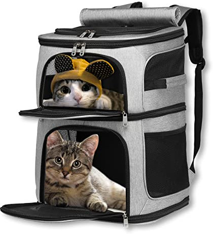 Katzentransportbox für 2 Katzen Rucksack,Katzenrucksack für 2 Katzen,Transportbox Katze Rucksack,Atmungsaktive und Faltbare Haustier Rucksack,Einzelne Doppelte Schicht Einstellbar (grau)