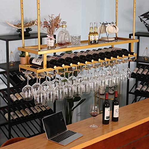 KEppd Wine Rack Wall Mounted - Adjustable Wine Champagne Goblets Holder Iron Glass Carriers for Pubs Glass Display Cabinets Modern Ceiling Wine Rack Decoration Shelf - Gold