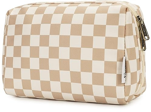 Narwey Checkered Makeup Bag Travel Cosmetic Bag Organizer Toiletry Bag Make Up Bags with Compartments for Women Girls (Large, Light Checkerboard)