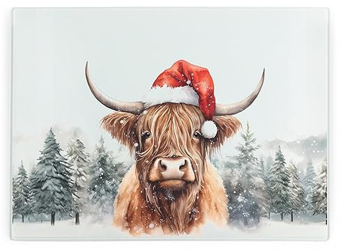 Christmas Highland Cow Glass Chopping Board - Festive Xmas Rectangular Large Worktop Protector - Smooth Board Kitchen Cutting Board Worktop Saver with Non-Slip Feet 39cm x 28.5cm (15 x 11)