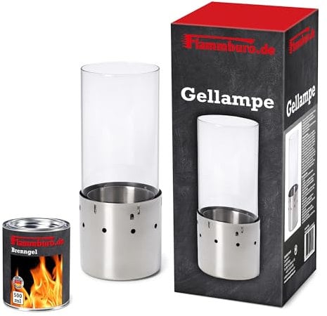 FLAMMBURO Tischkamin - Deko-Kamin, Gellampe inkl. Brenngel, Glas-Zylinder und Edelstahl-Sockel, 29cm hoch