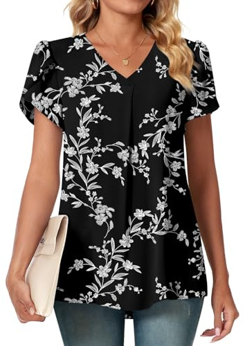 Bestbee Ladies Plus Size Summer Tops, V Neck Petal Short Sleeve Shirts Dressy Chiffon Tunic Tops Casual T-Shirts Cute Blouses for Women, Black-White Flower, 3XL