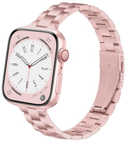 Lenrao Correas compatibles con Apple Watch de 44 mm para mujer, correa de metal rosa dorado para Apple Watch de 38 mm, 41 mm, 44 mm, 45 mm, 46 mm, correa fina de acero inoxidable para Apple Watch