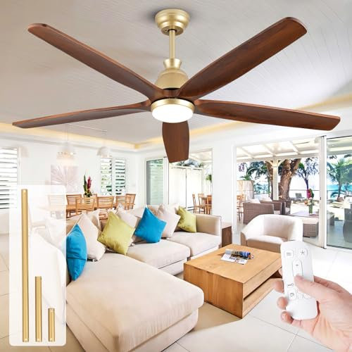 MSHENUED Ventilador de techo con luces de 132 cm, aspas de madera maciza, ventilador de techo dorado moderno, ventilador de techo para patio a prueba de humedad, motor CC silencioso, dorado + nogal