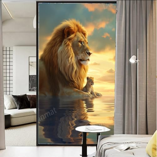Bunte Löwen-Fenster-Sichtschutzfolie, Fantasie, Sonnenuntergang, Tier, Natur, Buntglas, Fensterfolie, dekorative Fensterfolie für Fenster und Glastür, Sonnenblockierung, 70 x 100 cm