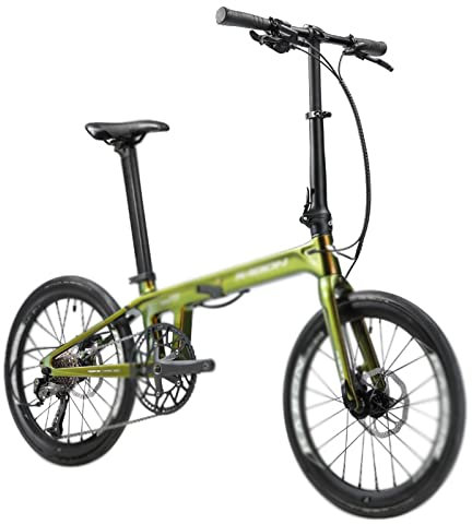LXHAHQ Fahrrad Carbon-Faltrad 20 Zoll Faltrad Carbonfaserrahmen Mini-Citybike Leichtgewicht Faltrad 9 Gänge/Geschwindigkeiten/Green/9 Speed_20Inch (150-200Cm)