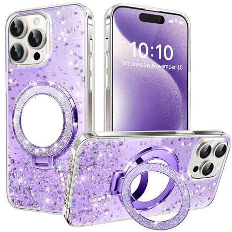 IMEIKONST Glitter Case for iPhone 14 Plus with Makeup Mirror Kickstand, Sparkle Transparent Sequin Shell for Girls Soft TPU Bumper Silicone Shockproof Protective Cover for iPhone 14 Plus. Purple DJJ
