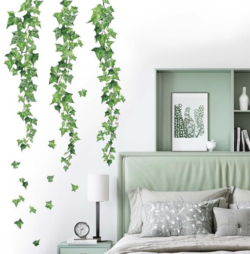 Hanging Ivy Wall Stickers for Bedroom: Peel and Stick Leaves Green Vine Tree Leaf Wall Decals - Living Room Bathroom Kitchen Office Nursery