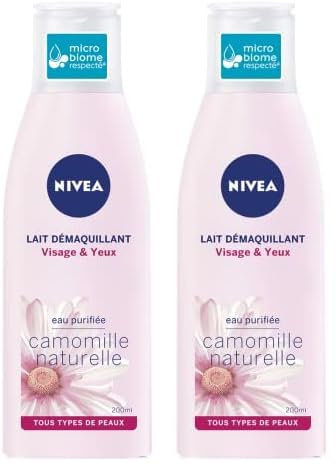 NIVEA Lait Démaquillant Visage & Yeux (1 x 200 ml), lait démaquillant yeux, nettoyant visage enrichi en Camomille naturelle & Hydramine, soin visage hydratant femme tous types de peaux (Lot de 2)