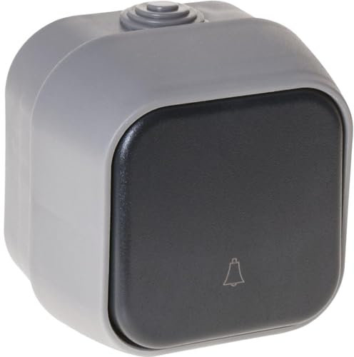 Pulsador de timbre IP54, color gris, 7x7x5 cm, ideal para sistemas de llamadas y señalización en exteriores.
