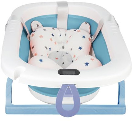 Baignoire Pliable Bébé avec Thermometre Digital,Baignoire Bebe avec Tapis de Bain Baignoire de voyage portable pour bébés et enfants de 0 à 24 mois Newborn Essentials-80 * 50 * 23 cm-bleu