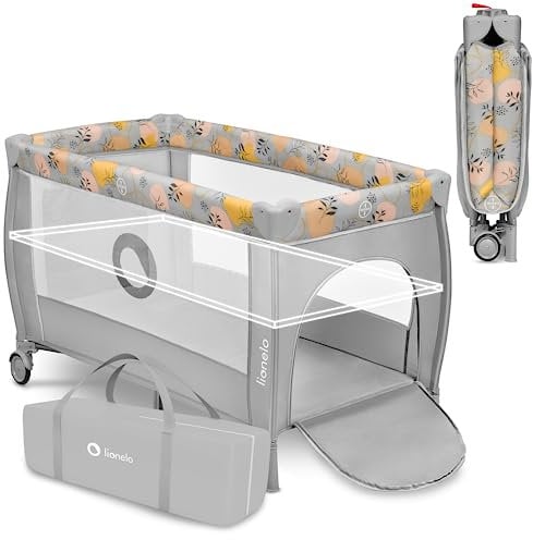 Lionelo STEFI Plus 2in1 Travel Cot & Baby Zone Portable with 2-Level Mattress Heigh, Baby Bed for Newborns and Toddlers 0-36kg Mattress, Side Entry, Breathable Mesh LockGuard Safety Wheels, Easy-Fold