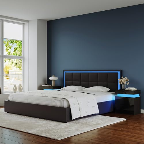 4ft6 Double Black Ottoman Storage Faux Leather Bed with RGB LED Lighting - Lift-Up Slatted Frame, Large Storage Capacity & Bed Base Furniture