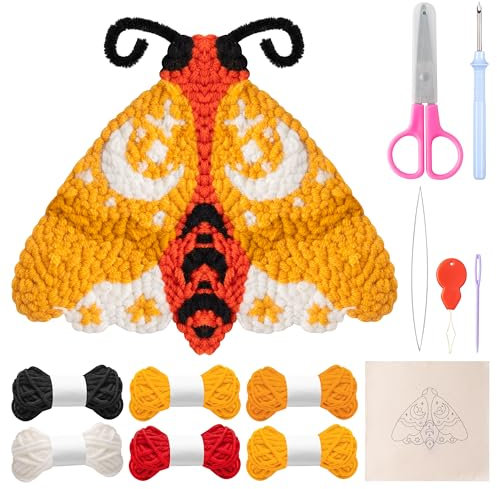 WATINC Punch Needle Set für Anfänger DIY Handwerk Punch Nadel Coaster Kit, einfache Tufted Teppich Dekoration für Anfänger, DIY Coaster Kit mit Klebstoff Filz Garne Stickerei Reifen Anleitung (Motte)