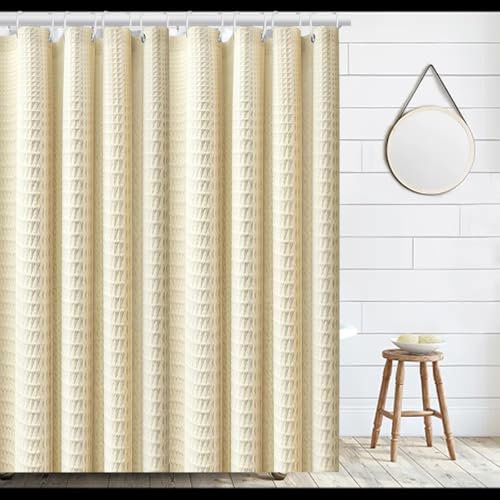 Rideau de Douche Motif Gaufre avec Anneaux Imperméable Anti-Moisissures Polyester Tissu Rideau Salle de Bain Lourd pour Baignoire Cabine de Douche - 180x180CM (Crème)