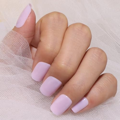 MOTIBACK Lilac Press on Nails Short Square - 24Pcs Glossy Gel False Nails, Acrylic Full Cover Stick on Nails for Women