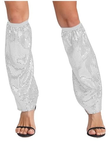 renvena Damen Pailletten Beinstulpen Flared Stulpen Beinwärmer 70er Jahre Disco Kostüm Silvester Karneval Kostüm Zubehör Weiß Einheitsgröße