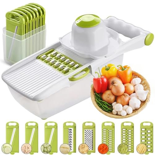 ADOV Mandoline Vegetable Slicer, Multifunctional Vegetable Cutter, All in One Mandoline Food Slicer, Adjustable Stainless Steel Blades Vegetables Chopper for Potato, Cucumber, Salad with Safety Gloves