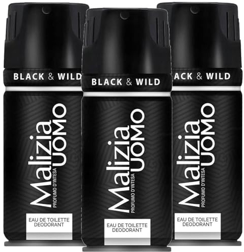 Malizia Uomo Parfum d'Intesa Deodorant Spray 150 ml – Eau de Toilette für Männer, intensiver und langanhaltender Duft, Frische für den ganzen Tag (Black&Wild 3 Einheiten)