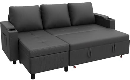 Devoko Canapé d'angle Convertible Modulaire 3 Places en L - Canapé-Lit avec Chaise Longue, Rangement Intégré et Porte-Gobelets - Design Moderne pour Salon, Anthracite (Gris)