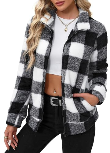 BesserBay Winter Damen Taschen Reißverschluss Casual Warm Fleece Jacke Outdoor Lässig Herbst Plüschjacke Schwarz-weißes Karo S